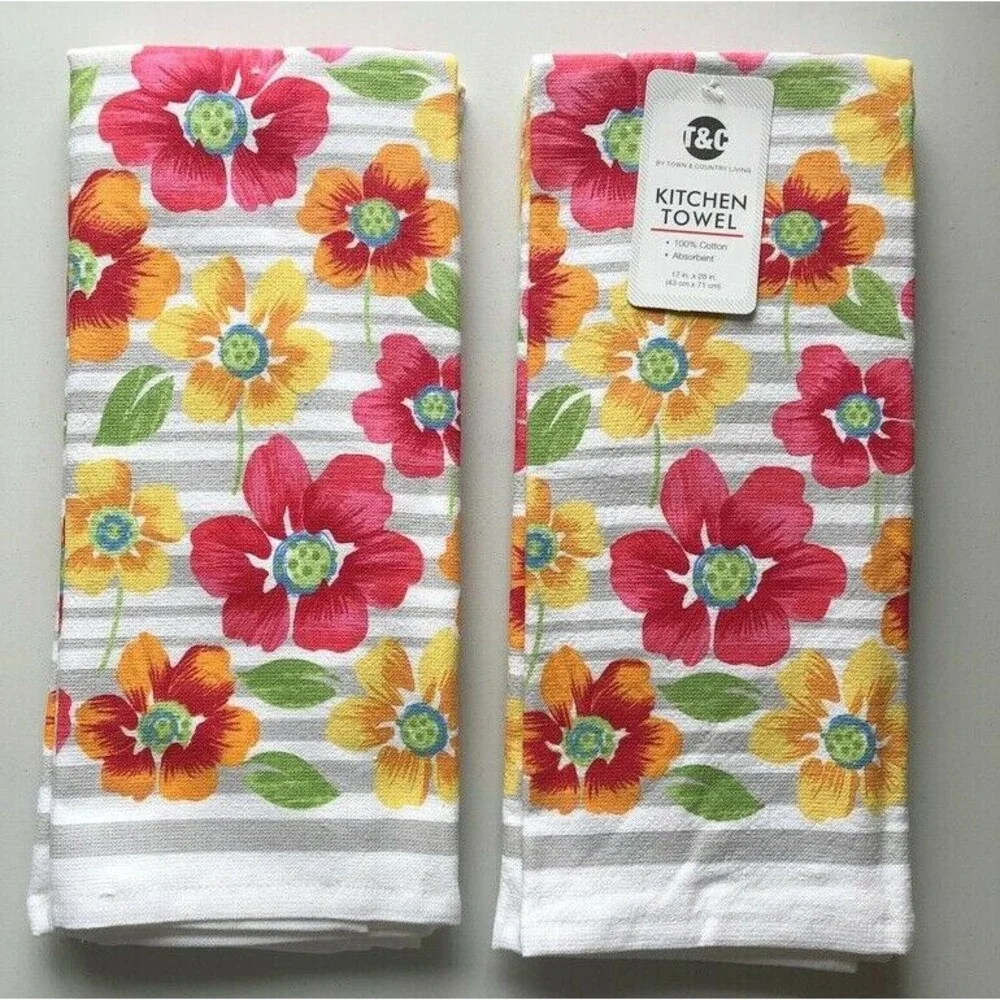 Floral Flowers Kitchen Dish Towels 17x28 Absorbent 100% Cotton Set of 2